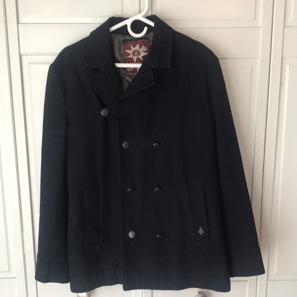 Men's Large Black Volcom Scout Pea Coat Navy Blue